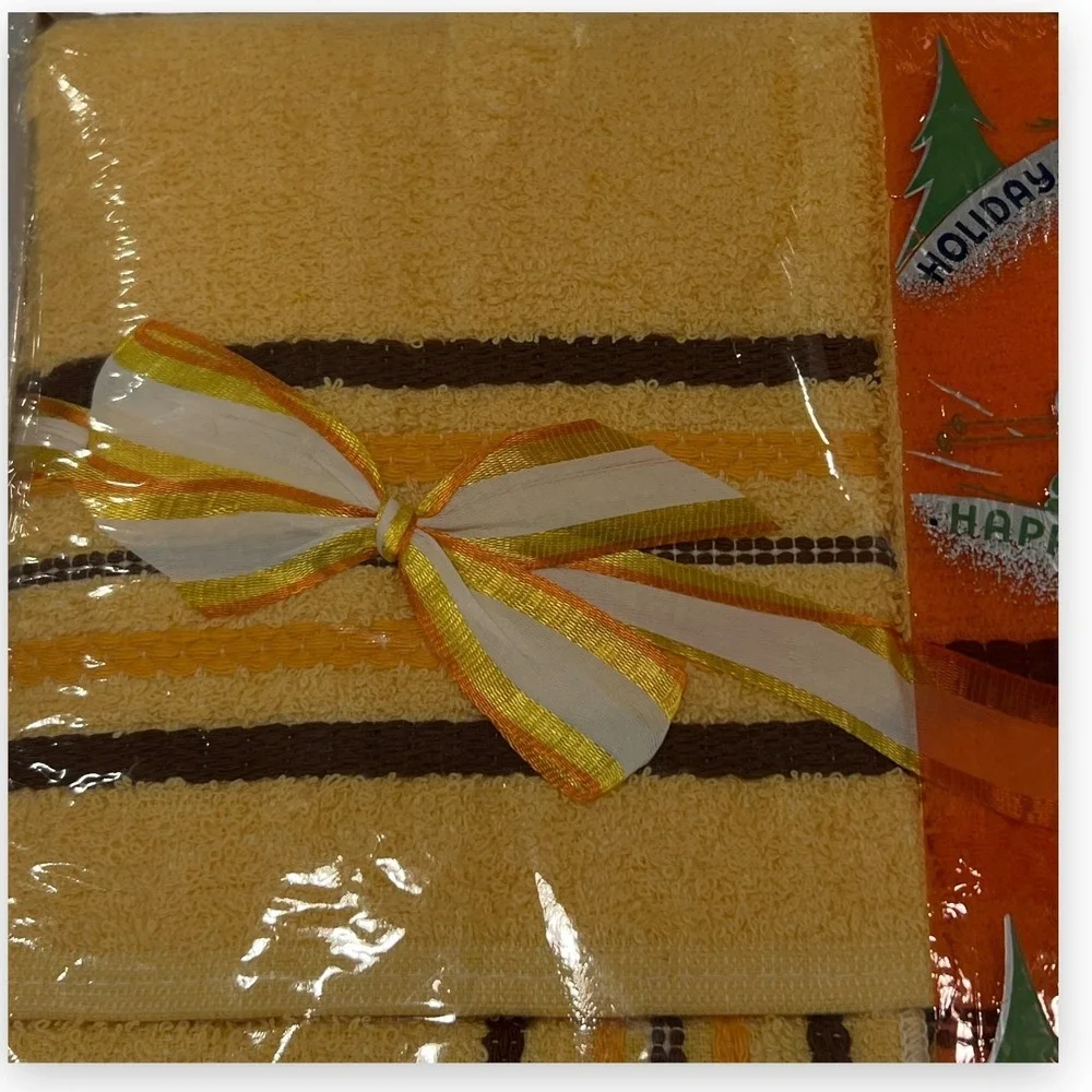 VTG Muscogee Towels Bathroom Towel Set Yellow Brown Mid Century Modern Atomicf
